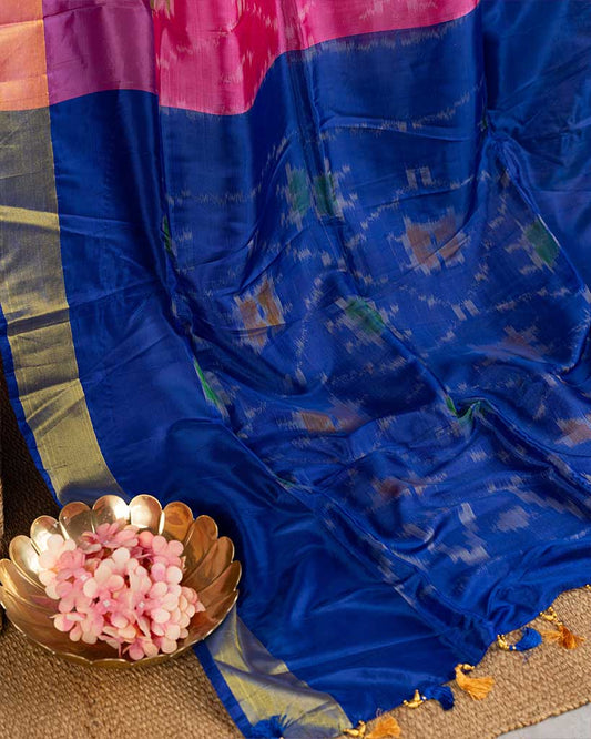 Dark Pink Ikkat Printed Silk Saree with Blue Handwork Blouse | Blouse Size 38-44 | Free Shipping