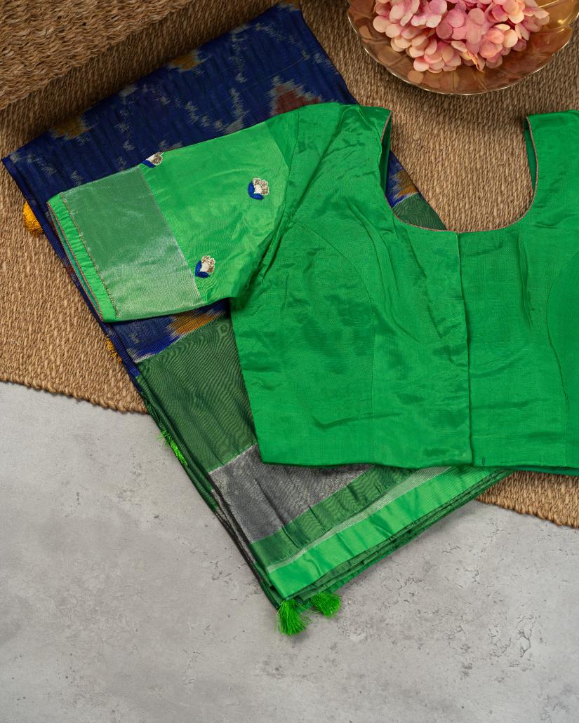 Dark Blue Ikkat Printed Silk Saree with Green Handwork Blouse | Blouse Size 38-44 | Free Shipping