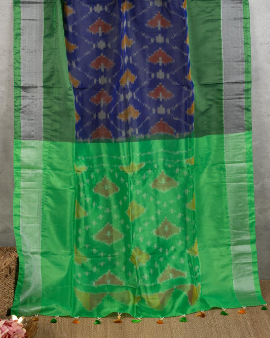 Dark Blue Ikkat Printed Silk Saree with Green Handwork Blouse | Blouse Size 38-44 | Free Shipping