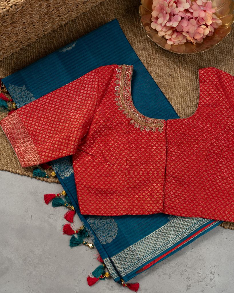 Peacock Blue Striped Kanchipuram Kora Silk Saree with Red Banarasi Brocade hand Embroidered Blouse | Blouse Size 38-44 | Free Shipping