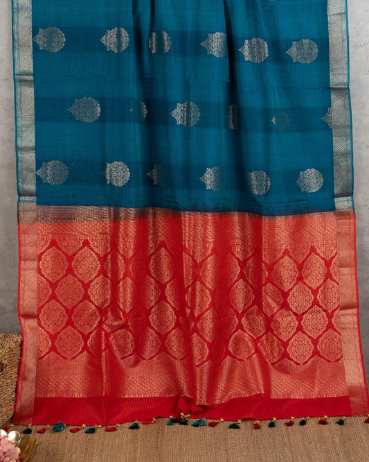 Peacock Blue Striped Kanchipuram Kora Silk Saree with Red Banarasi Brocade hand Embroidered Blouse | Blouse Size 38-44 | Free Shipping