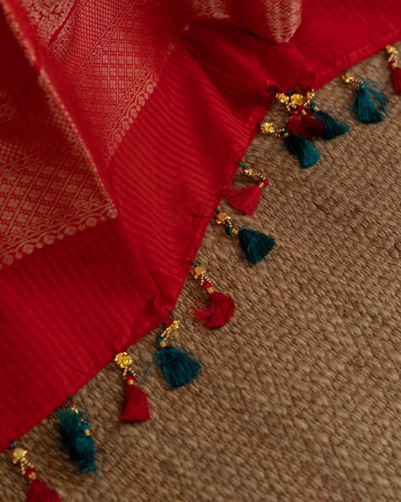 Peacock Blue Striped Kanchipuram Kora Silk Saree with Red Banarasi Brocade hand Embroidered Blouse | Blouse Size 38-44 | Free Shipping