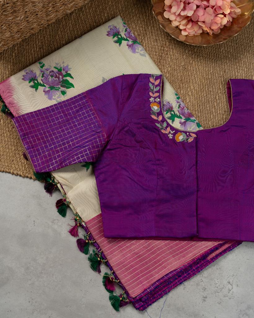 Unique Lilac Printed Gadwal Silk Saree in Off-white with Purple Color Handwork Blouse | Blouse Size 38-44 | Free Shipping