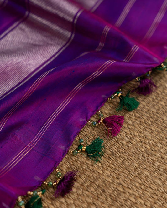Unique Lilac Printed Gadwal Silk Saree in Off-white with Purple Color Handwork Blouse | Blouse Size 38-44 | Free Shipping