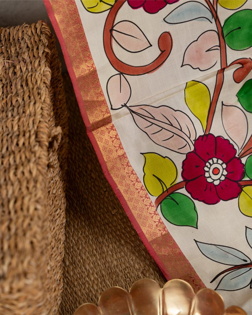 Hand Painted Kalamkari on Offwhite Pure Kanchipuram Silk saree with Red Borders and Red Hand Embroidered Blouse | Blouse Size 38-44” | Free Shipping