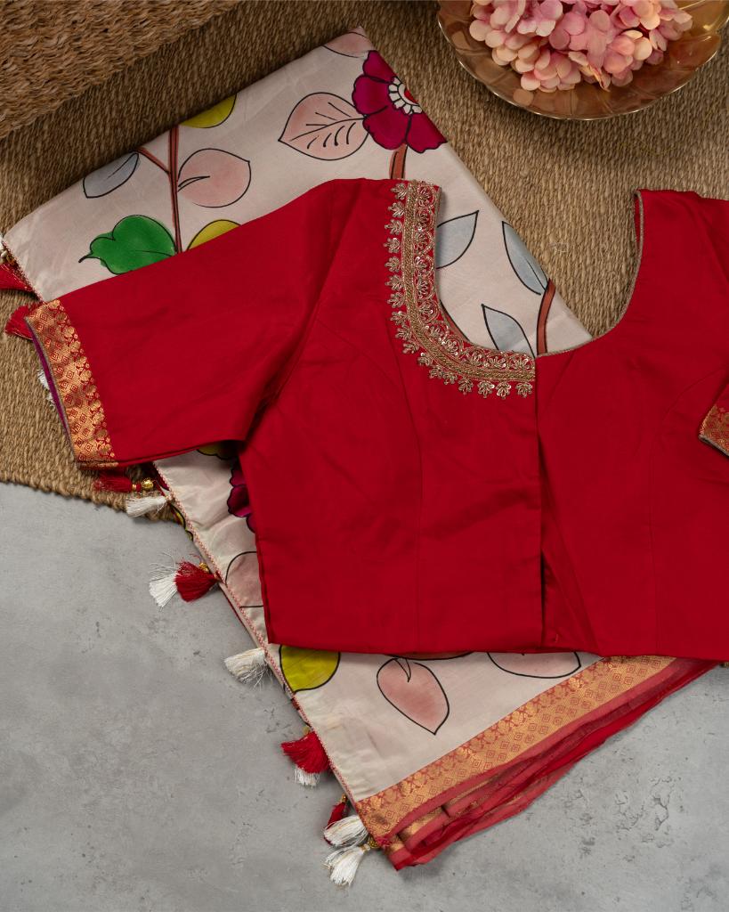Hand Painted Kalamkari on Offwhite Pure Kanchipuram Silk saree with Red Borders and Red Hand Embroidered Blouse | Blouse Size 38-44” | Free Shipping