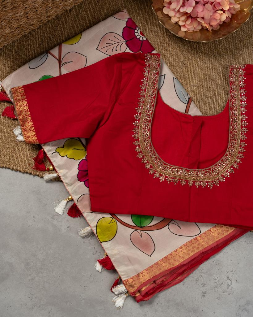 Hand Painted Kalamkari on Offwhite Pure Kanchipuram Silk saree with Red Borders and Red Hand Embroidered Blouse | Blouse Size 38-44” | Free Shipping