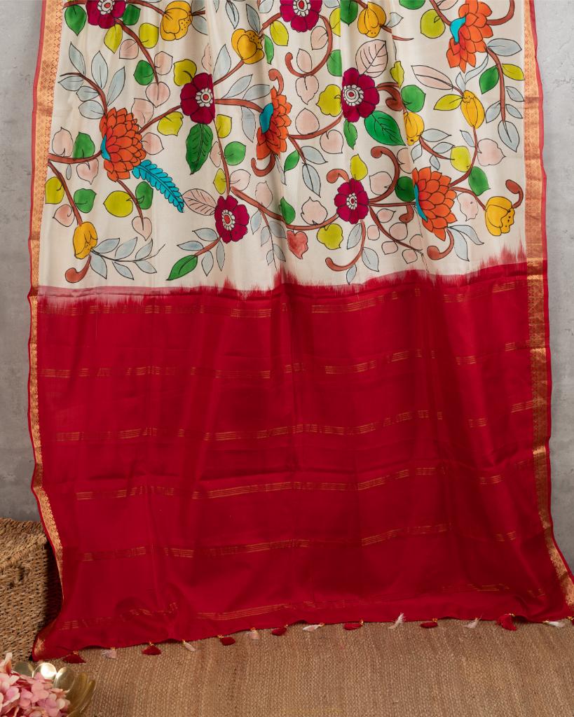 Hand Painted Kalamkari on Offwhite Pure Kanchipuram Silk saree with Red Borders and Red Hand Embroidered Blouse | Blouse Size 38-44” | Free Shipping