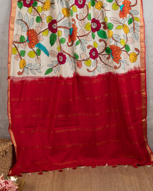 Hand Painted Kalamkari on Offwhite Pure Kanchipuram Silk saree with Red Borders and Red Hand Embroidered Blouse | Blouse Size 38-44” | Free Shipping