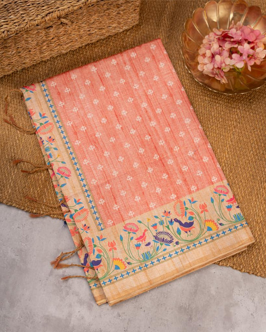 Peach Semi Tassar Silk Saree with Paithani Brocade printed Borders & Pallu | Blouse Size 38-44” | Free Shipping