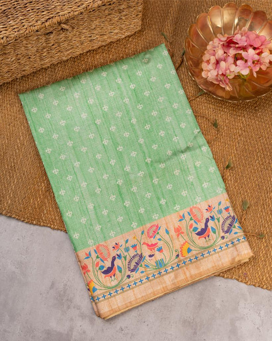 Pastel Green Semi Tassar Silk Saree with Paithani Brocade printed Borders & Pallu | Blouse Size 38-44” | Free Shipping
