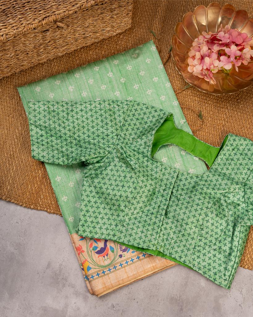 Pastel Green Semi Tassar Silk Saree with Paithani Brocade printed Borders & Pallu | Blouse Size 38-44” | Free Shipping