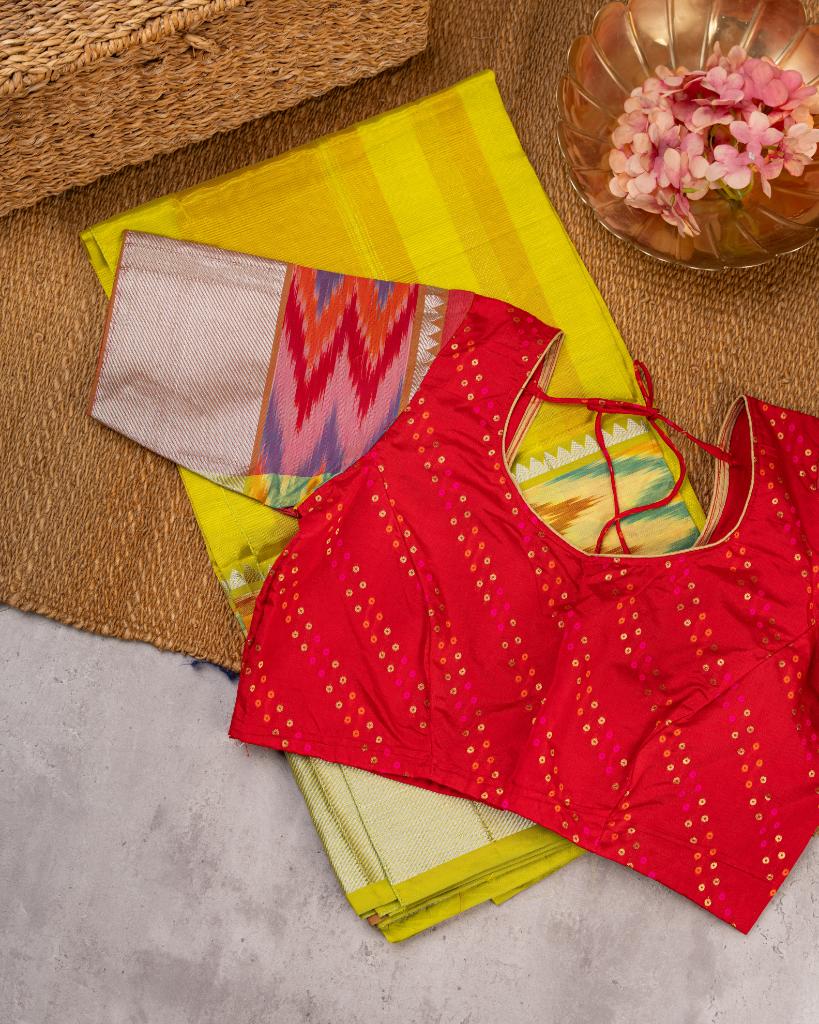 Yellow and Red Mangalagiri Silk Saree with Ikkat Weave in the Border with Silver Zari | Blouse Size 38-44” | Free Shipping