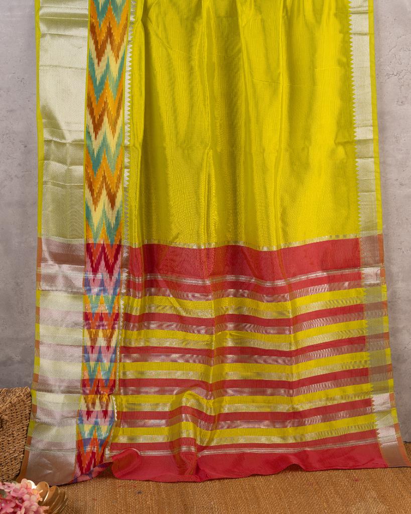 Yellow and Red Mangalagiri Silk Saree with Ikkat Weave in the Border with Silver Zari | Blouse Size 38-44” | Free Shipping