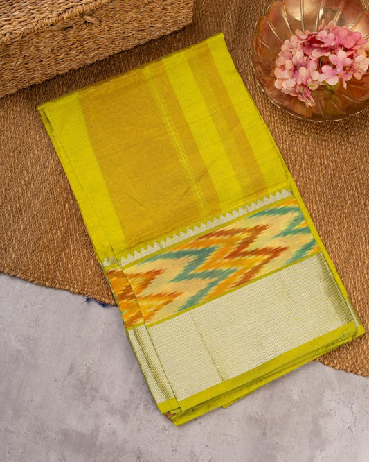 Yellow and Red Mangalagiri Silk Saree with Ikkat Weave in the Border with Silver Zari | Blouse Size 38-44” | Free Shipping