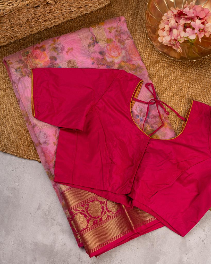 Floral Prints on Pastel Peach Banarasi Kora Silk Saree | Blouse Size 38-44” | Free Shipping