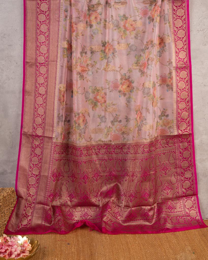 Floral Prints on Pastel Peach Banarasi Kora Silk Saree | Blouse Size 38-44” | Free Shipping