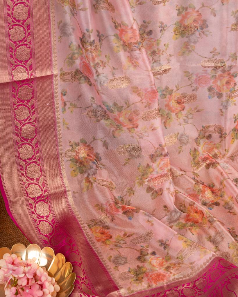 Floral Prints on Pastel Peach Banarasi Kora Silk Saree | Blouse Size 38-44” | Free Shipping