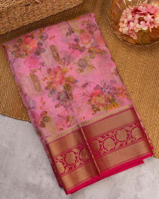 Floral Prints on Pastel Peach Banarasi Kora Silk Saree | Blouse Size 38-44” | Free Shipping