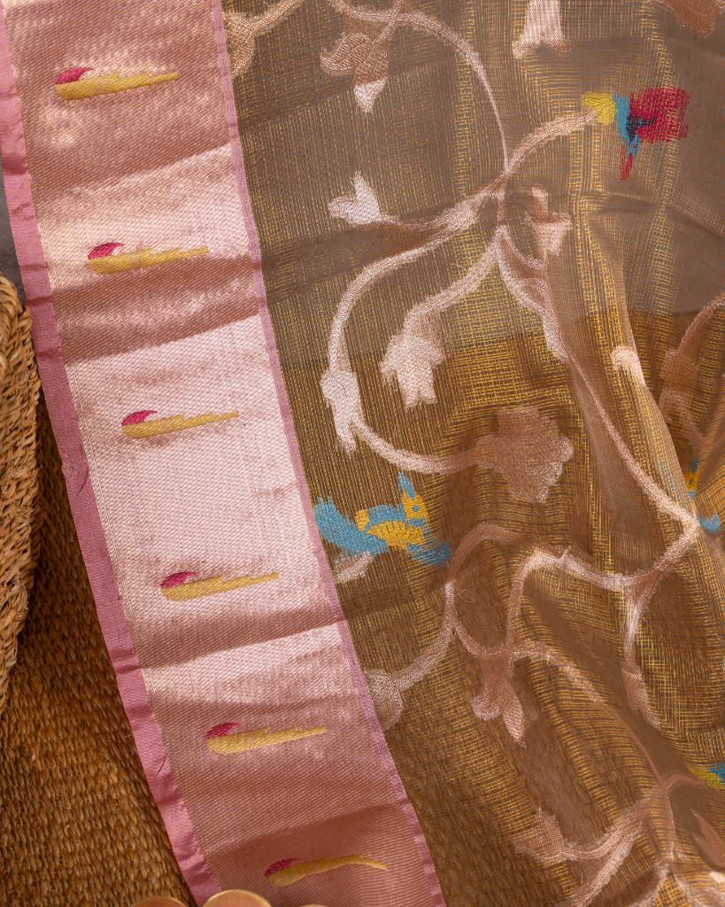 Golden Kota Silk Saree with Brocade floral weaving all over the saree and Single Muniya Paithani Woven Borders with Handwork Blouse | Blouse Size 38-44” | Free Shipping