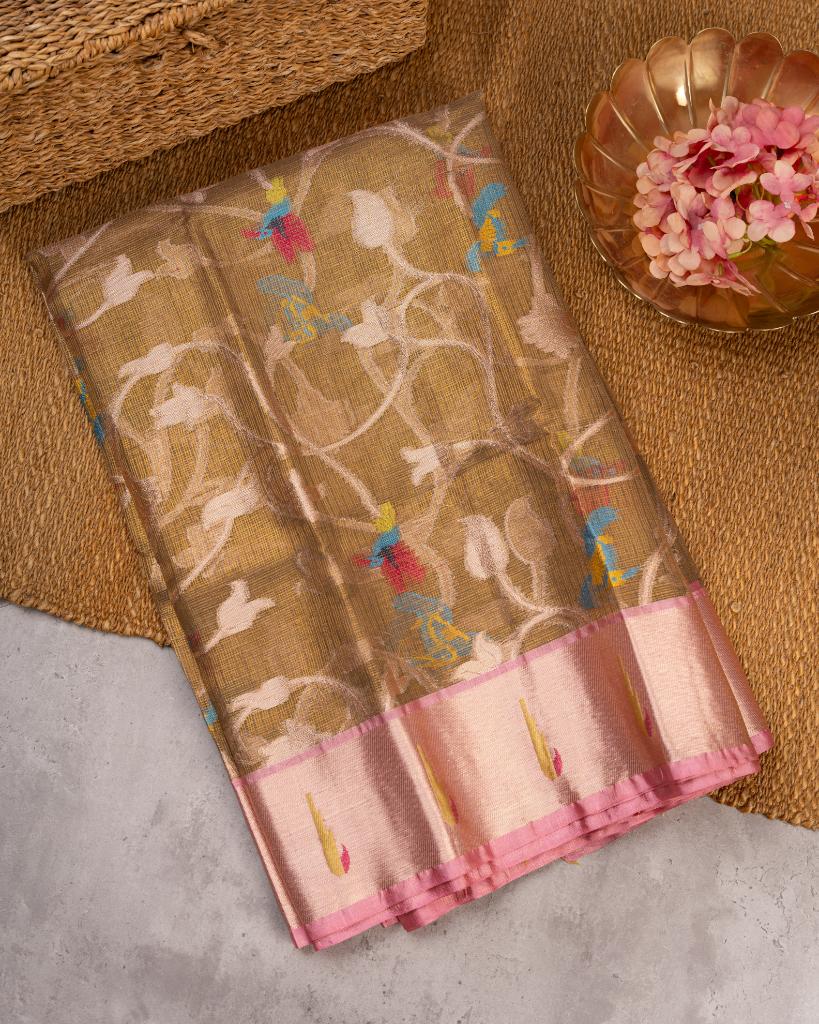 Golden Kota Silk Saree with Brocade floral weaving all over the saree and Single Muniya Paithani Woven Borders with Handwork Blouse | Blouse Size 38-44” | Free Shipping