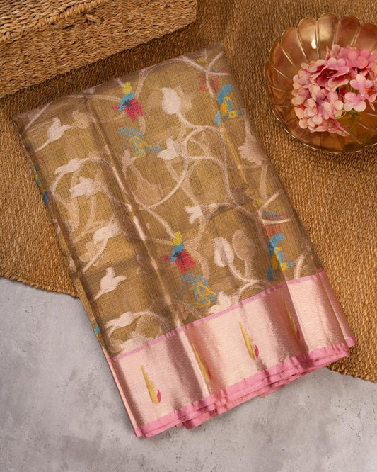 Golden Kota Silk Saree with Brocade floral weaving all over the saree and Single Muniya Paithani Woven Borders with Handwork Blouse | Blouse Size 38-44” | Free Shipping