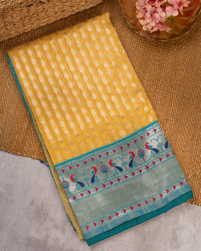 Paithani Brocade pattern weaving on Mustard Semi Chanderi Silk Saree with Silver Borders & with Aqua Patterned Blouse | Blouse Size 38-44” | Free Shipping