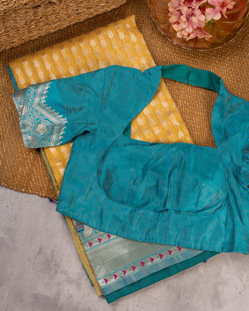 Paithani Brocade pattern weaving on Mustard Semi Chanderi Silk Saree with Silver Borders & with Aqua Patterned Blouse | Blouse Size 38-44” | Free Shipping