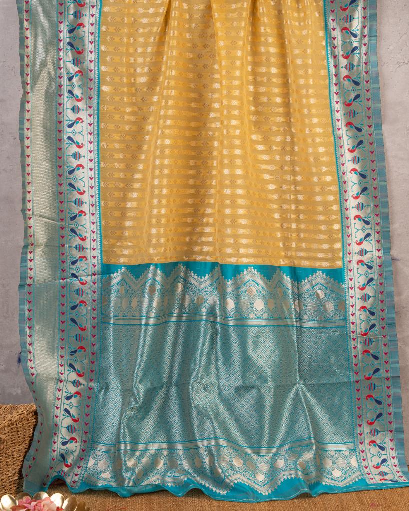 Paithani Brocade pattern weaving on Mustard Semi Chanderi Silk Saree with Silver Borders & with Aqua Patterned Blouse | Blouse Size 38-44” | Free Shipping