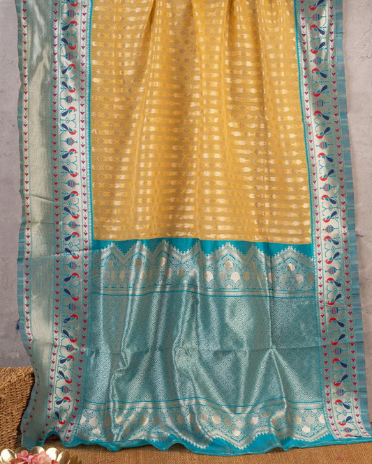 Paithani Brocade pattern weaving on Mustard Semi Chanderi Silk Saree with Silver Borders & with Aqua Patterned Blouse | Blouse Size 38-44” | Free Shipping