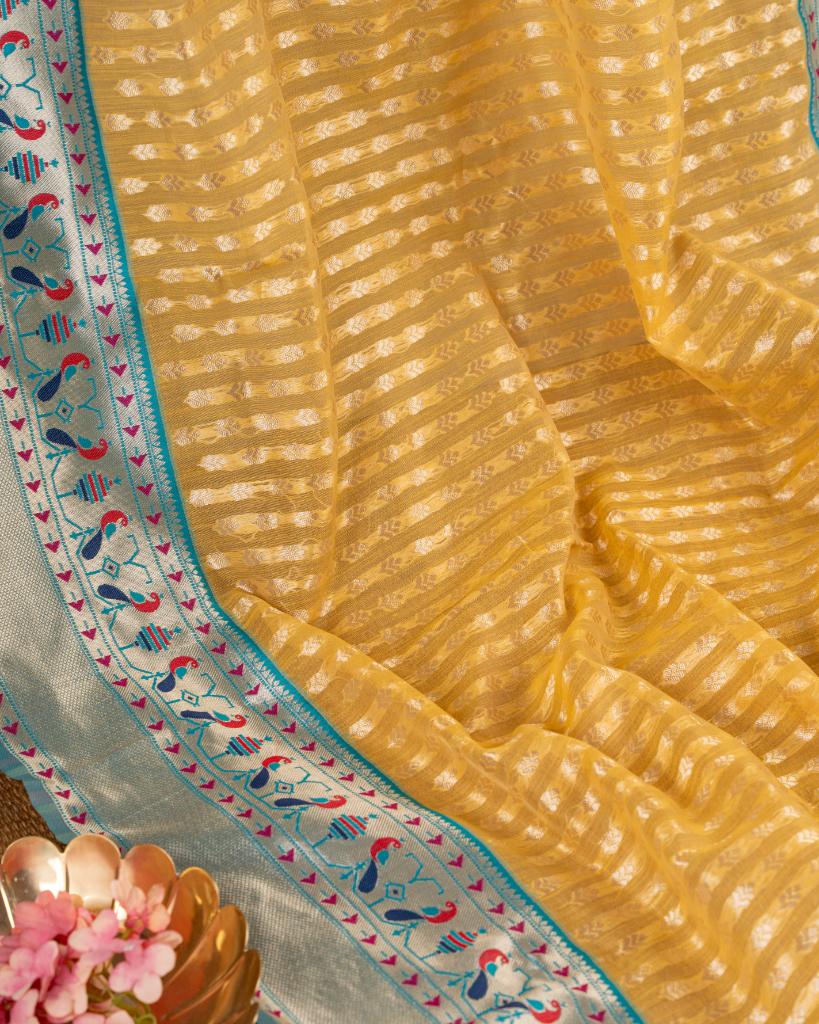 Paithani Brocade pattern weaving on Mustard Semi Chanderi Silk Saree with Silver Borders & with Aqua Patterned Blouse | Blouse Size 38-44” | Free Shipping