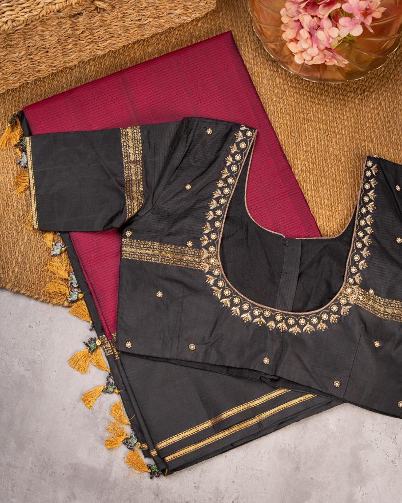 Wine Kanchipuram Silk Saree with Coffee brown Borders and Paisly woven Gold Zari Motifs | Blouse Size 38-44” | Free Shipping