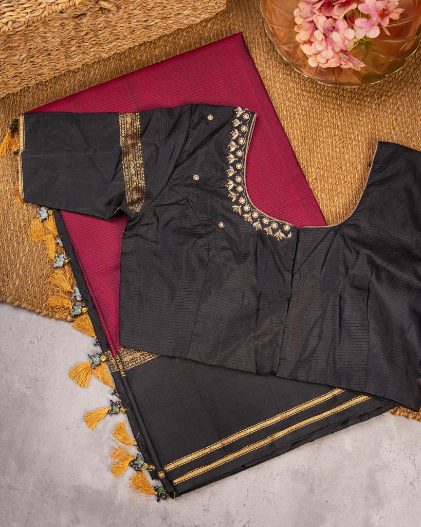 Wine Kanchipuram Silk Saree with Coffee brown Borders and Paisly woven Gold Zari Motifs | Blouse Size 38-44” | Free Shipping