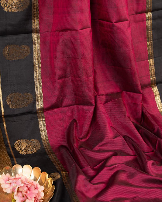 Wine Kanchipuram Silk Saree with Coffee brown Borders and Paisly woven Gold Zari Motifs | Blouse Size 38-44” | Free Shipping