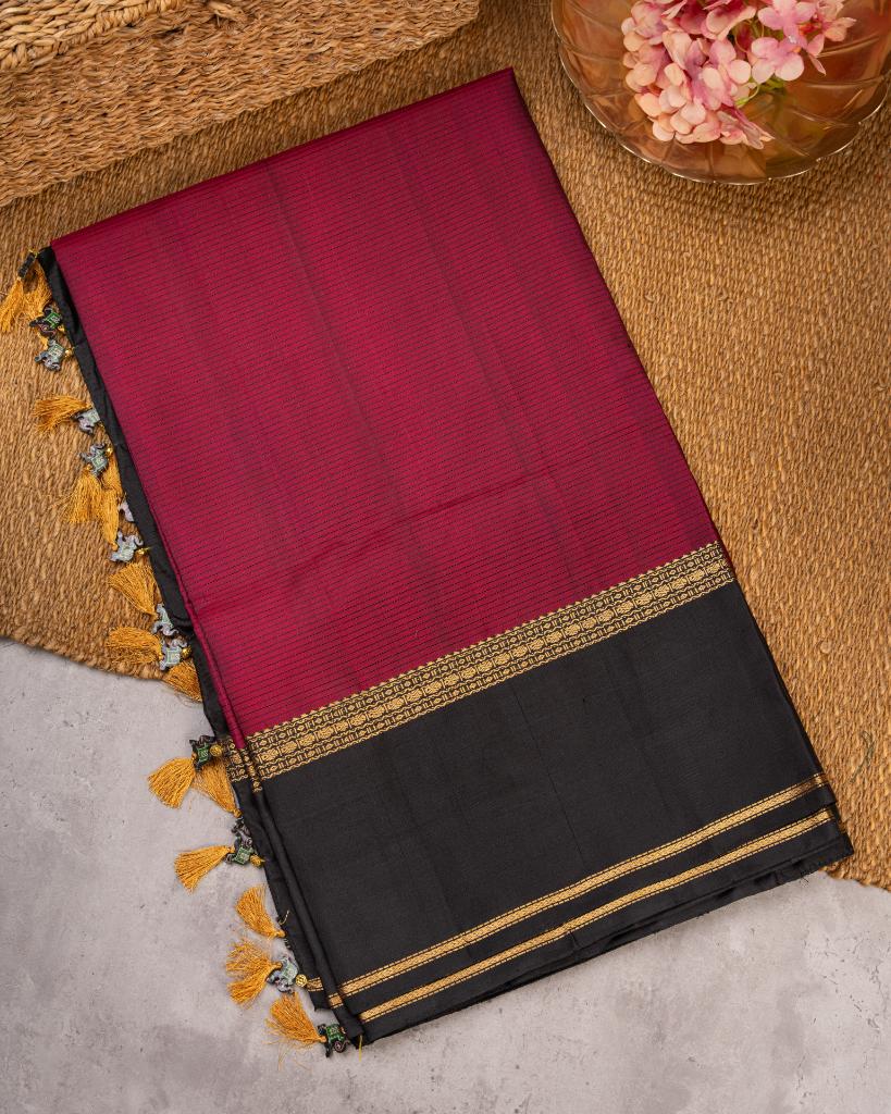 Wine Kanchipuram Silk Saree with Coffee brown Borders and Paisly woven Gold Zari Motifs | Blouse Size 38-44” | Free Shipping