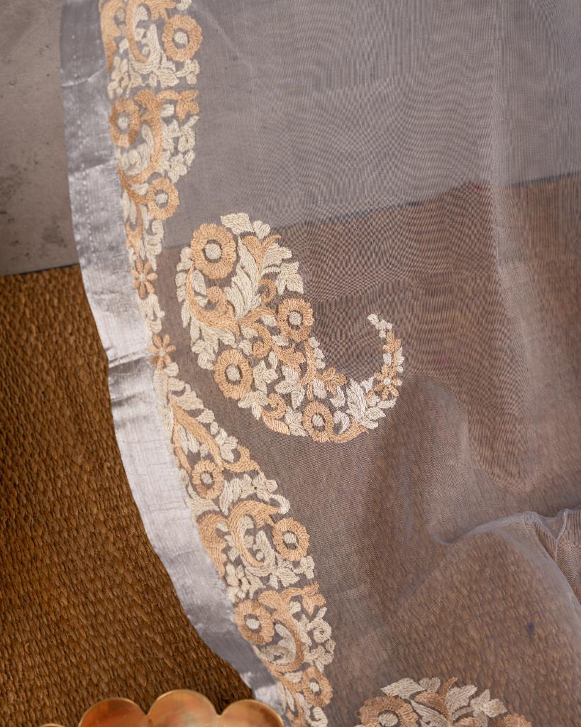 Grey Pure Organza Silk with Paisley embroidery and White Hand Embroidered Blouse | Blouse Size 38-44” | Free Shipping