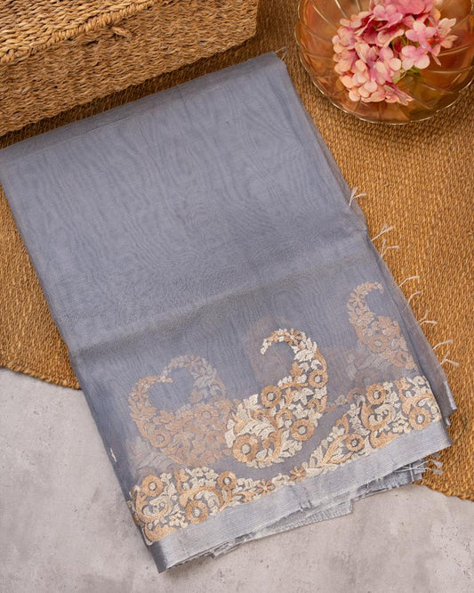 Grey Pure Organza Silk with Paisley embroidery and White Hand Embroidered Blouse | Blouse Size 38-44” | Free Shipping
