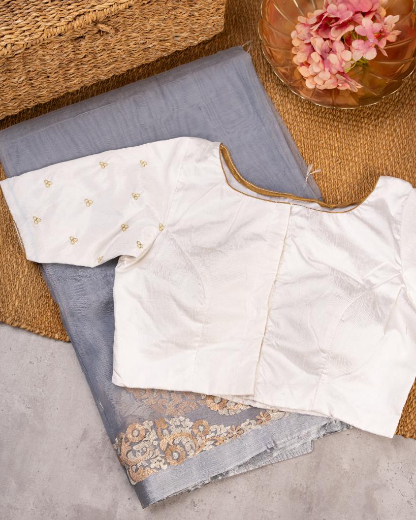 Grey Pure Organza Silk with Paisley embroidery and White Hand Embroidered Blouse | Blouse Size 38-44” | Free Shipping