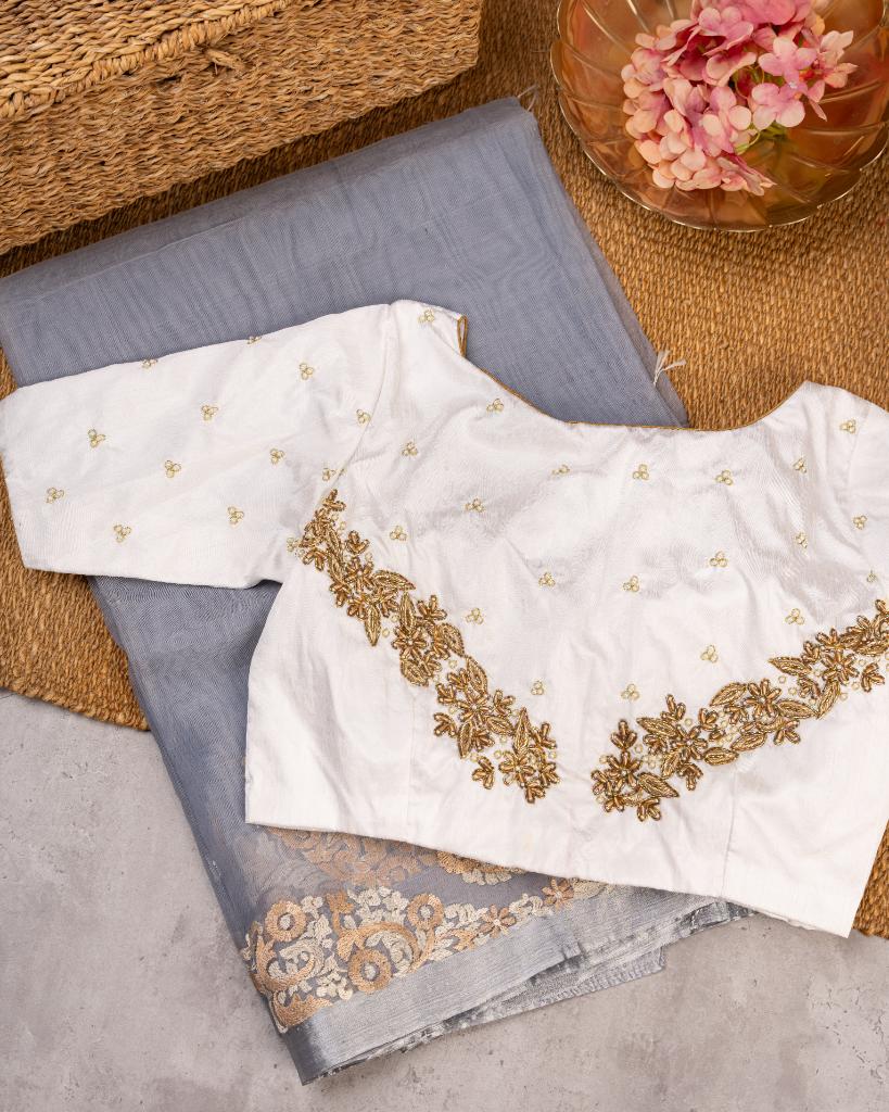 Grey Pure Organza Silk with Paisley embroidery and White Hand Embroidered Blouse | Blouse Size 38-44” | Free Shipping
