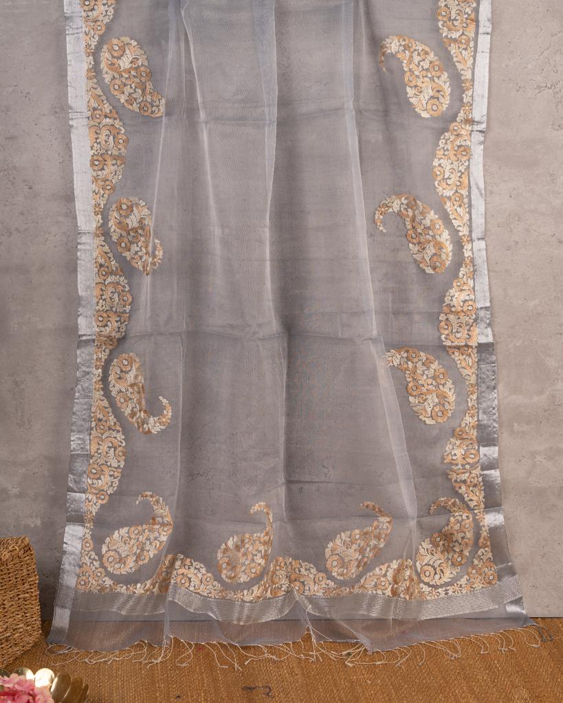 Grey Pure Organza Silk with Paisley embroidery and White Hand Embroidered Blouse | Blouse Size 38-44” | Free Shipping