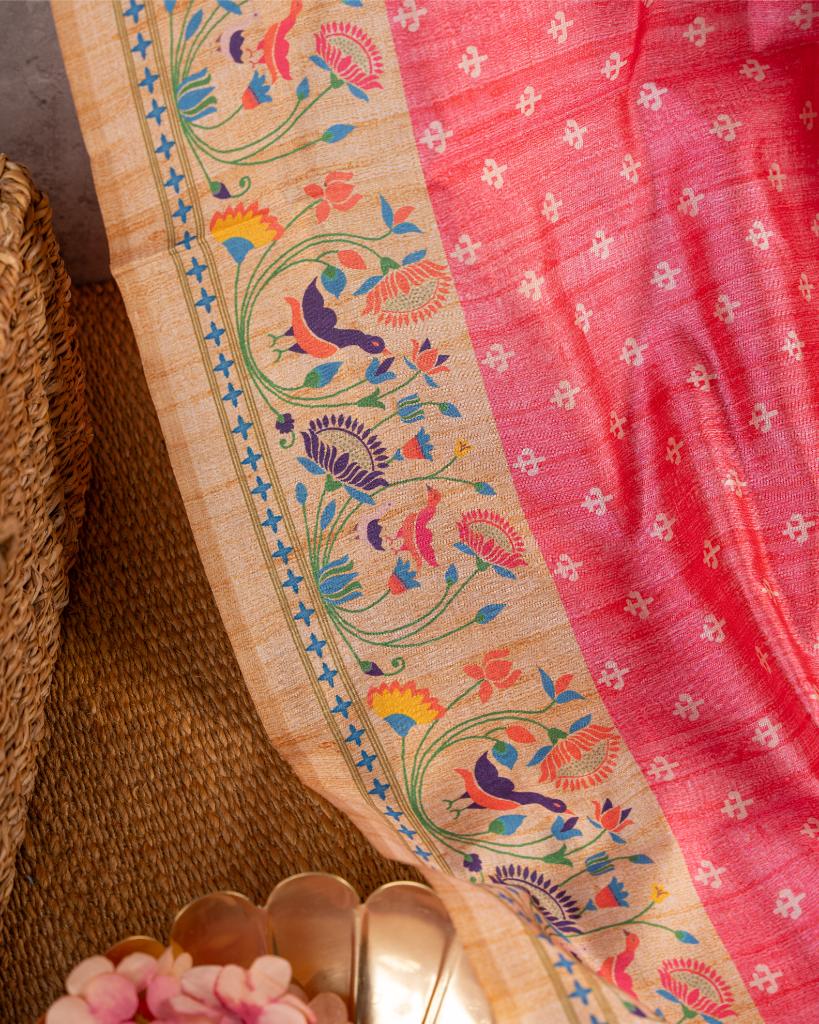 Pink Semi Tassar Silk Saree with Paithani Brocade printed Borders & Pallu | Blouse Size 38-44 | Free Shipping
