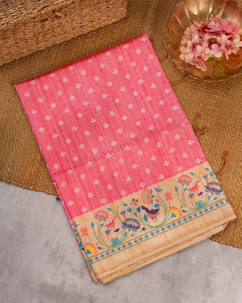 Pink Semi Tassar Silk Saree with Paithani Brocade printed Borders & Pallu | Blouse Size 38-44 | Free Shipping