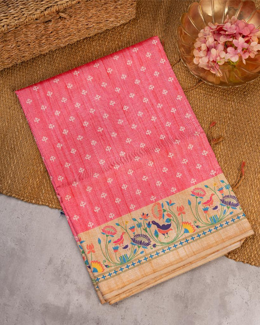 Pink Semi Tassar Silk Saree with Paithani Brocade printed Borders & Pallu | Blouse Size 38-44 | Free Shipping