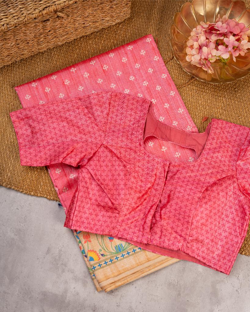Pink Semi Tassar Silk Saree with Paithani Brocade printed Borders & Pallu | Blouse Size 38-44 | Free Shipping
