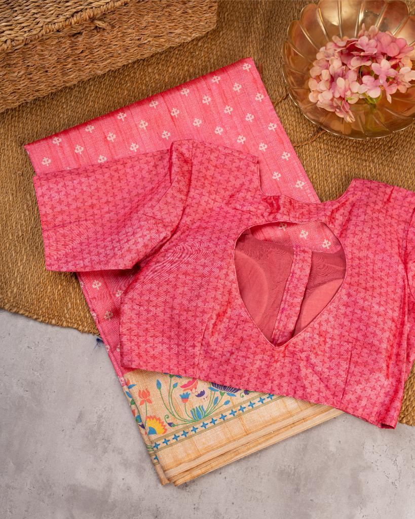Pink Semi Tassar Silk Saree with Paithani Brocade printed Borders & Pallu | Blouse Size 38-44 | Free Shipping