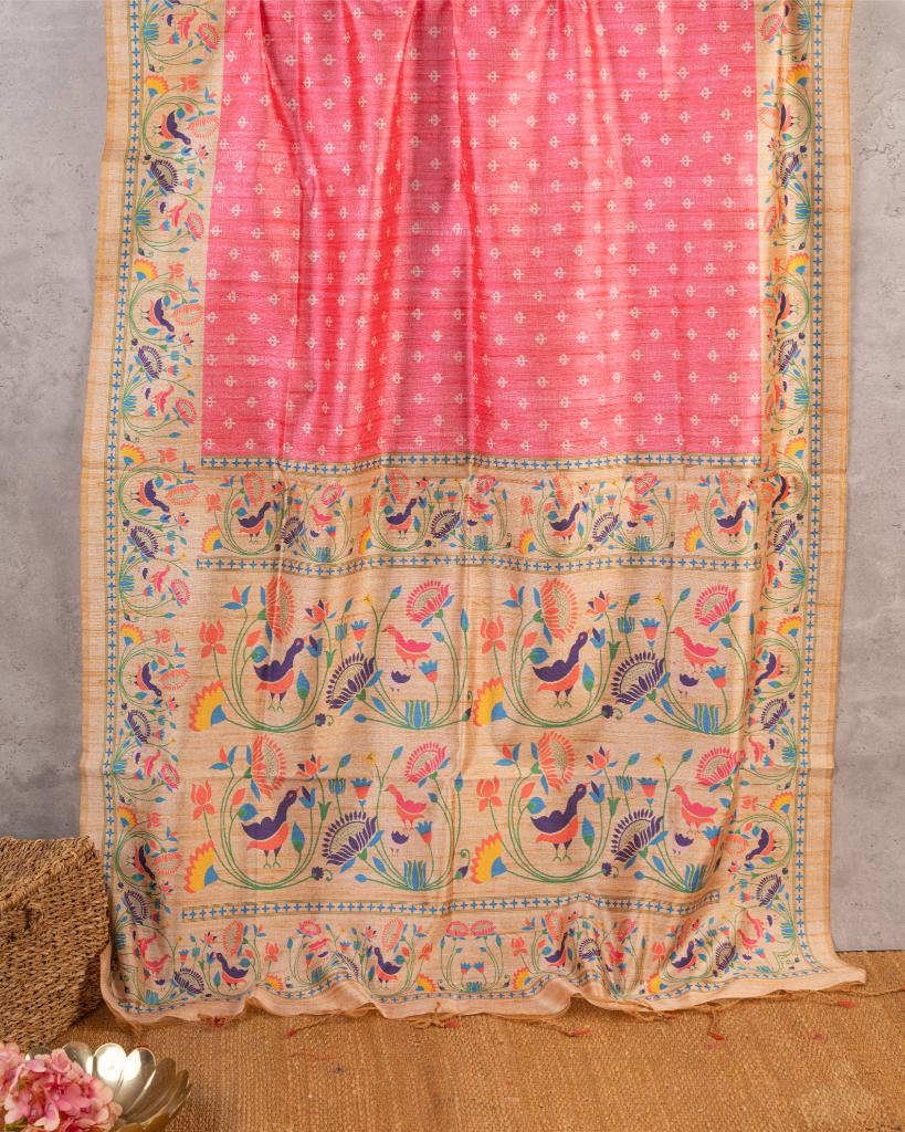 Pink Semi Tassar Silk Saree with Paithani Brocade printed Borders & Pallu | Blouse Size 38-44 | Free Shipping