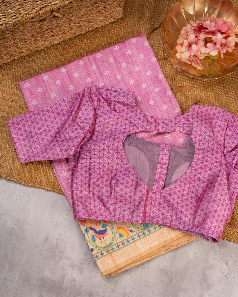 Lilac Semi Tassar Silk Saree with off White Paithani Brocade printed Borders & Pallu | Blouse Size 38-44 | Free Shipping