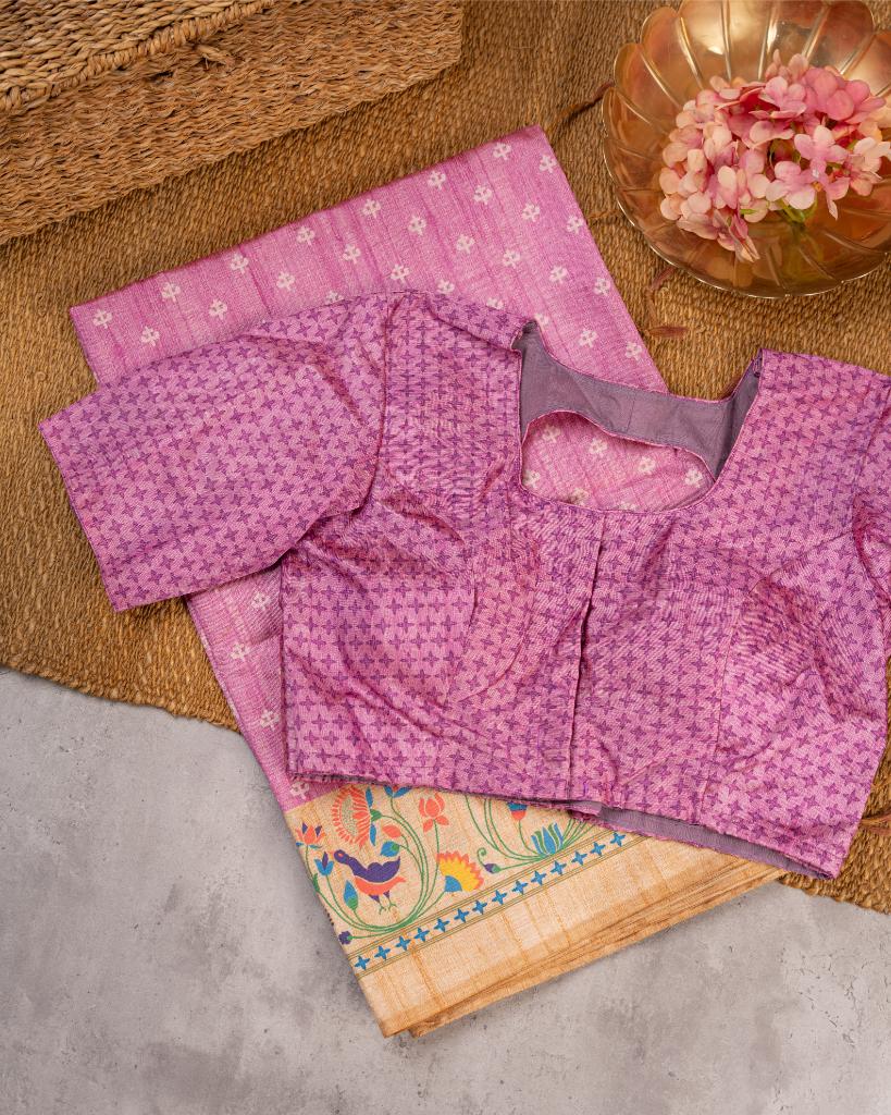 Lilac Semi Tassar Silk Saree with off White Paithani Brocade printed Borders & Pallu | Blouse Size 38-44 | Free Shipping