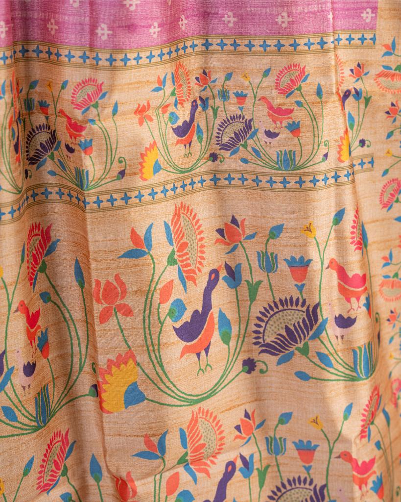 Lilac Semi Tassar Silk Saree with off White Paithani Brocade printed Borders & Pallu | Blouse Size 38-44 | Free Shipping
