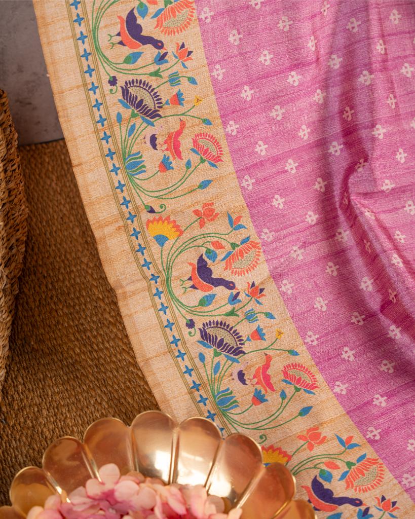 Lilac Semi Tassar Silk Saree with off White Paithani Brocade printed Borders & Pallu | Blouse Size 38-44 | Free Shipping
